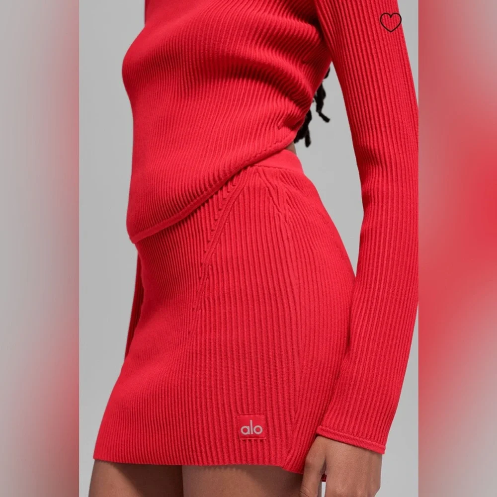 ALO Yoga NWT Denim Knit High Waist Skirt Bright Red Size XS